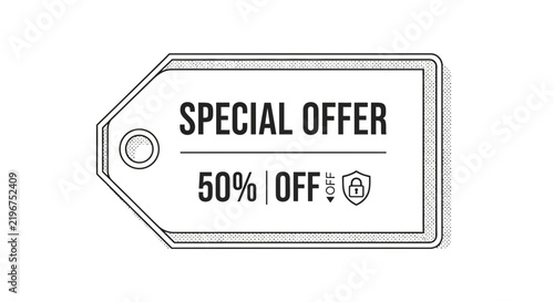 Promotional price tag featuring a bold fifty percent discount offer graphic