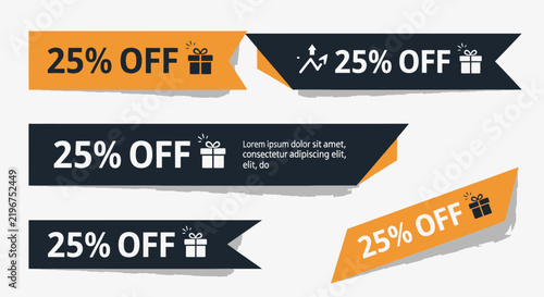 Promotional sale banners and tags with percentage discounts and gift icons for marketing campaigns
