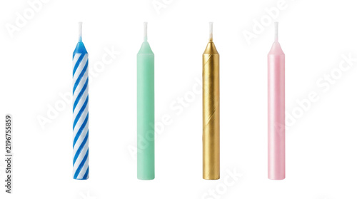 Four colorful birthday candles isolated on white background