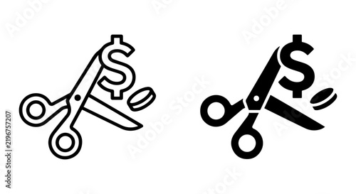 Scissors Cutting Dollar Sign and Coin, Discount and Price Reduction Icons