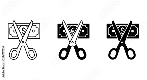 Scissors Cutting Money Icons, Financial Savings, Cost Reduction, Budgeting, Currency Symbols