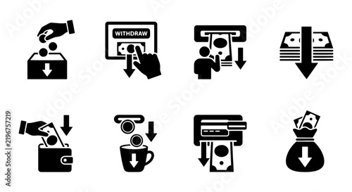 Money Transaction Icons: ATM, Wallet, Donation, Savings, Withdrawal, Cash Flow