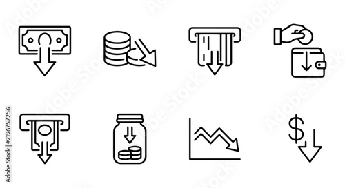 Financial Loss Icons: Money Down, Coins Falling, ATM Withdrawal, Wallet Decrease, Jar Savings, Graph Decline, Dollar Drop