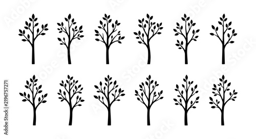 Set of 12 Simple Black Tree Silhouettes, Minimalist Vector Elements for Nature Designs