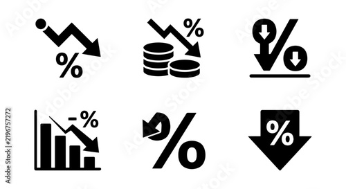 Financial Decline Icons: Percentage Down Arrows, Stacked Coins, Bar Charts, Stock Market Crash