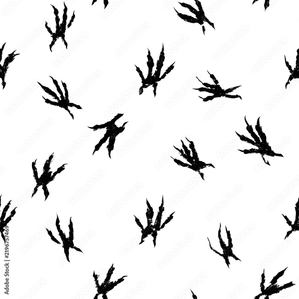 Fototapeta premium A seamless pattern featuring paw prints of crow, raven, magpie, sparrow, dove, and other birds. Silhouettes and vector illustrations isolated on a white background. Suitable for use in pet shops, text