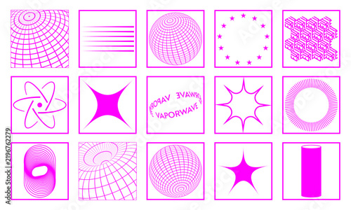 Abstract geometric wireframe shapes and retro symbols graphic resource set isolated PNG