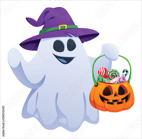 Cute witch ghost character holding a pumpkin candy bucket for trick or treating. Vector cartoon illustration