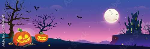 Spooky Halloween night background with glowing jack o lantern pumpkins, haunted castle, and bats. Vector cartoon illustration