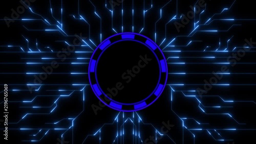 Circuit Board with Square Chip Glowing Light Electronic Hardware Microchip Design Computer Technology. Digital Data moving on 4k Digital technical animation video..