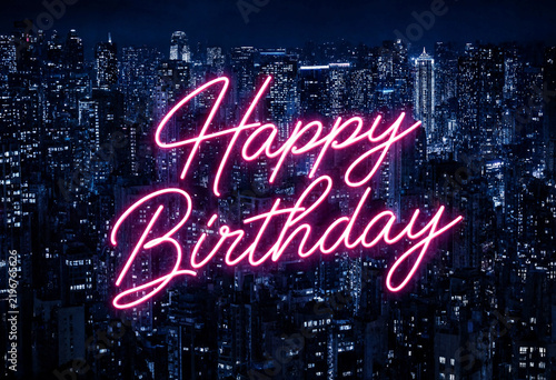 Neon Happy Birthday Text Over City Night Skyline Background