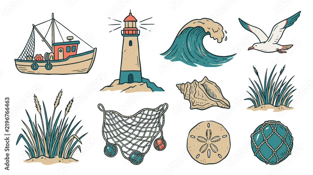Fototapeta premium Coastal Village Hand Drawn Vector Set Nautical Elements