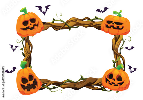 Spooky Halloween horizontal frame border with jack o lantern pumpkins and bats. Vector cartoon illustration
