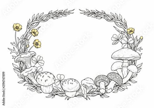 Whimsical Mushroom and Flower Wreath Illustration