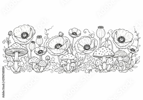 Whimsical Poppy and Mushroom Illustration Border
