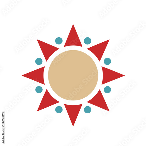 Stylized sun symbol with red triangles and blue dots
