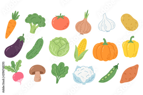 Colorful hand drawn vegetable collection featuring healthy organic food icons in doodle style