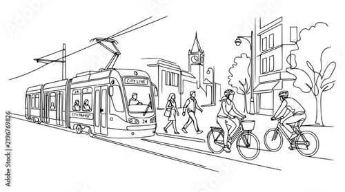 Urban street scene with tram, cyclists, and pedestrians in a sketch style
