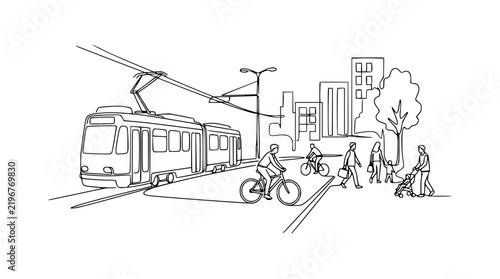 Urban transport illustration: tram, cyclists, pedestrians, city buildings, line art