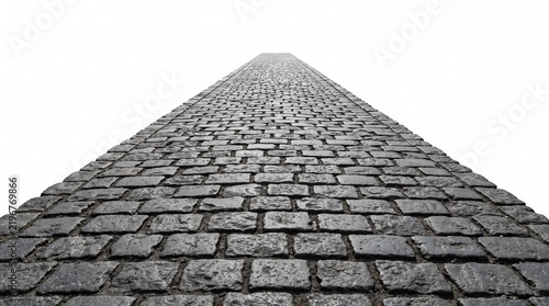Endless straight cobblestone path perspective view isolated on pure white background