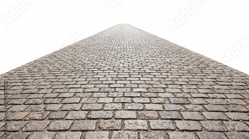 Cobblestone street stretching forward into distance isolated on white background texture