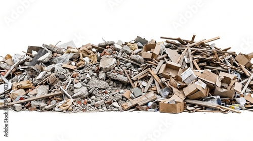 Construction debris and waste pile isolated on white background demolition rubble