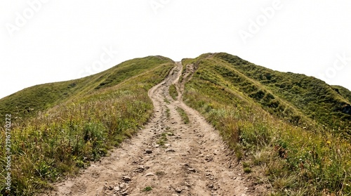 Steep dirt path leading uphill over a grassy green hill isolated on white background