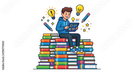 Happy student boy sitting on a massive stack of books using a digital tablet surrounded by lightbulbs and pencils representing education learning ideas