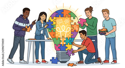 Diverse group of students working together assembling a glowing light bulb puzzle symbolizing innovation, creative ideas, teamwork, and problem solving