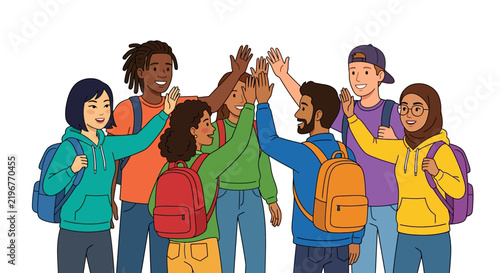 Diverse group of happy multiethnic students high-fiving together celebrating success friendship unity teamwork and back-to-school education concept   