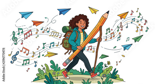 Creative Girl Walking with Giant Pencil, Backpack, Music Notes, and Paper Planes: Education, Imagination, and Adventure Vector Concept Illustration