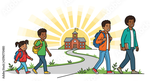 Diverse Children of All Ages Back to School: Girl, Boys, Teens and Young Adult Walking to Schoolhouse on Winding Path At Sunrise Vector Illustration