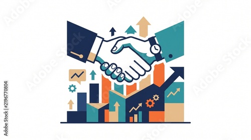 Business partners shaking hands with growth charts background