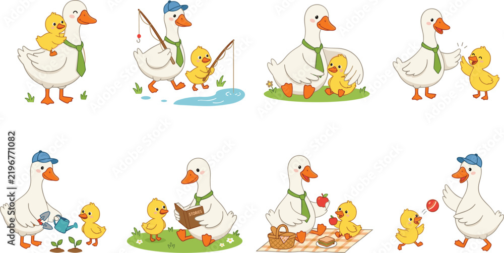 Fototapeta premium Cute Father Duck and Little Duckling Character Collection for Fathers Day Greeting Cards Nursery Decor Kids Books and Sticker Designs