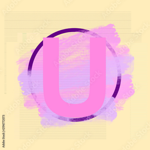 Vector illustration of letter U monogram logo with pink watercolor brush stroke background and purple circular frame. Artistic alphabet typography design template for beauty brand identity