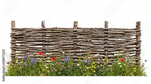 Woven wooden branch fence with colorful wildflowers and green grass isolated on white