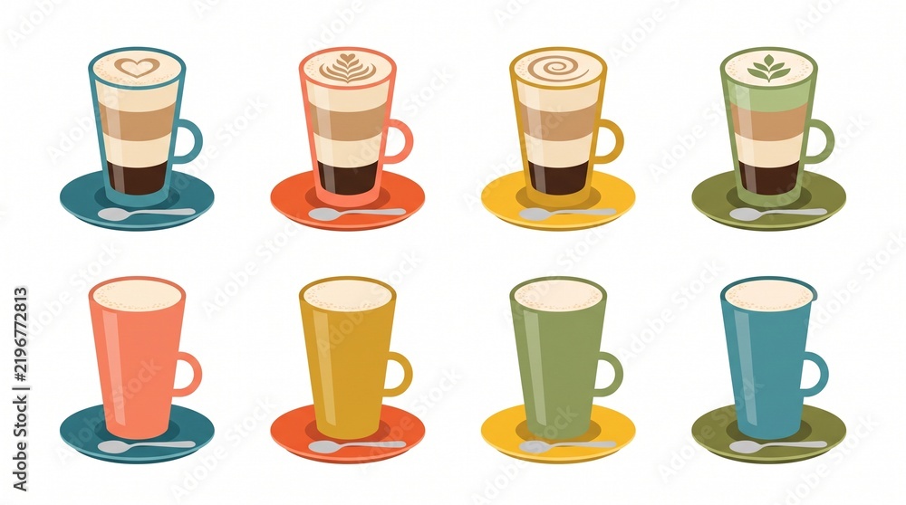 Obraz premium Set of eight colorful coffee lattes in glass cups with saucers beverage caffeine collection assorted colorful