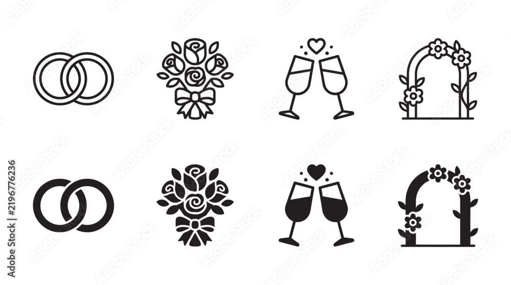 Fototapeta premium Wedding celebration icon collection featuring rings and floral elements marriage champagne celebration ceremony