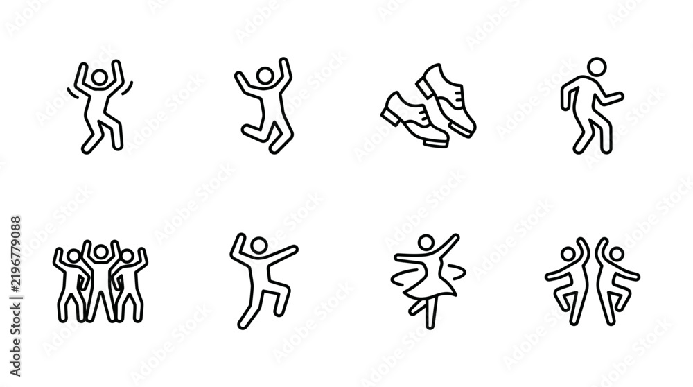 Fototapeta premium Human movement and dance activity icons in simple line style with tap dance movement activity exercise ballroom