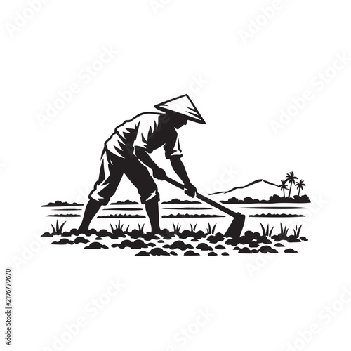 фотографія A farmer is hoeing in the rice field.
