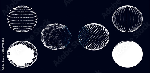 3D sphere mesh. Globe shapes with dots and line grid, orb wire structure models matrix futuristic concept. Digital polygonal balls with particles vector set
