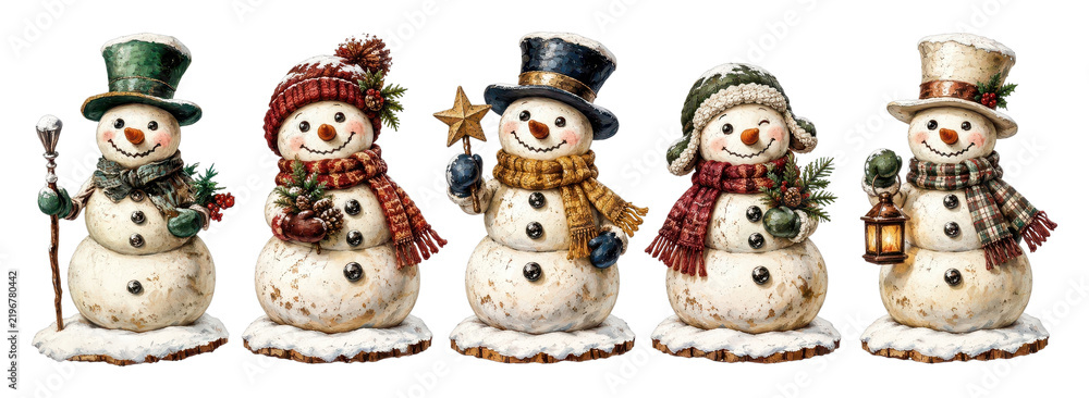 Obraz premium PNG Festive vintage snowman family wearing winter hats and scarves