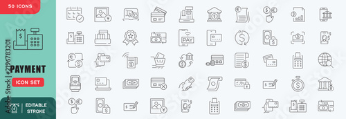 Set of payment methods line icons set. Card, money, bank, cash, wallet etc. Editable stroke