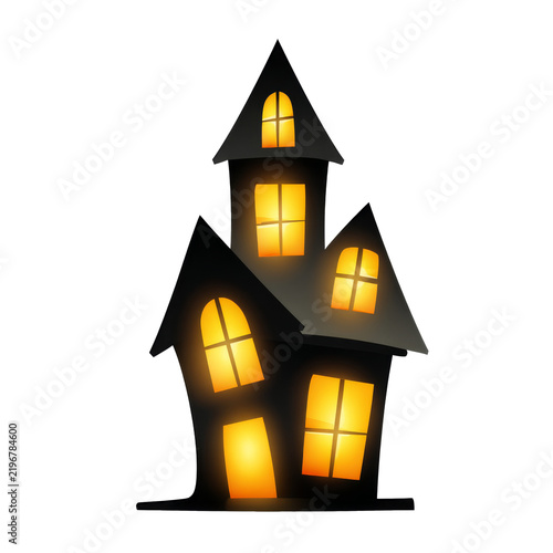 A spooky black house silhouette with glowing windows against a white background on transparent background