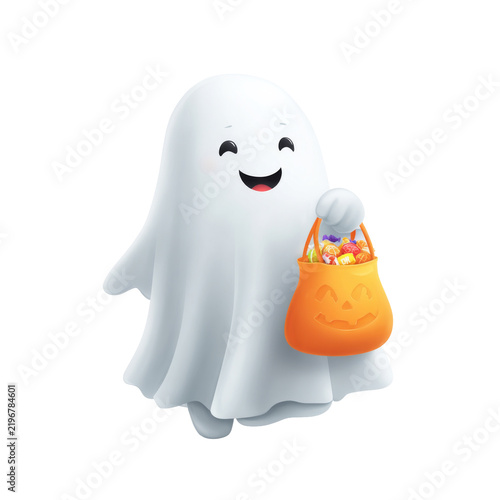 A cute little ghost holding an orange jack-o-lantern candy bucket on transparent background