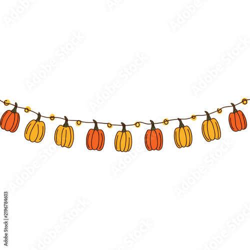 A festive pumpkin garland illustration on a white background on transparent background