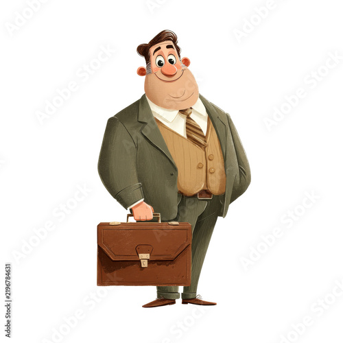 A cartoon illustration of a smiling businessman holding a brown briefcase on transparent background