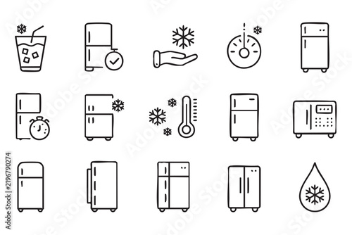 Refrigerator repair icons, cooling, maintenance, warranty and temperature symbols for appliance service websites and customer support platforms