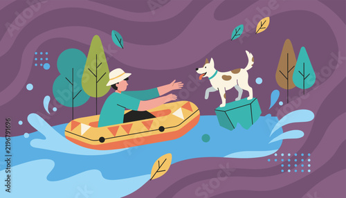 Adventurous man in a yellow inflatable boat calling out to his dog standing on a rock in a wild mountain river.