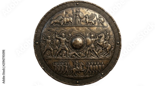Ancient metal shield decorated with mythological battle scenes